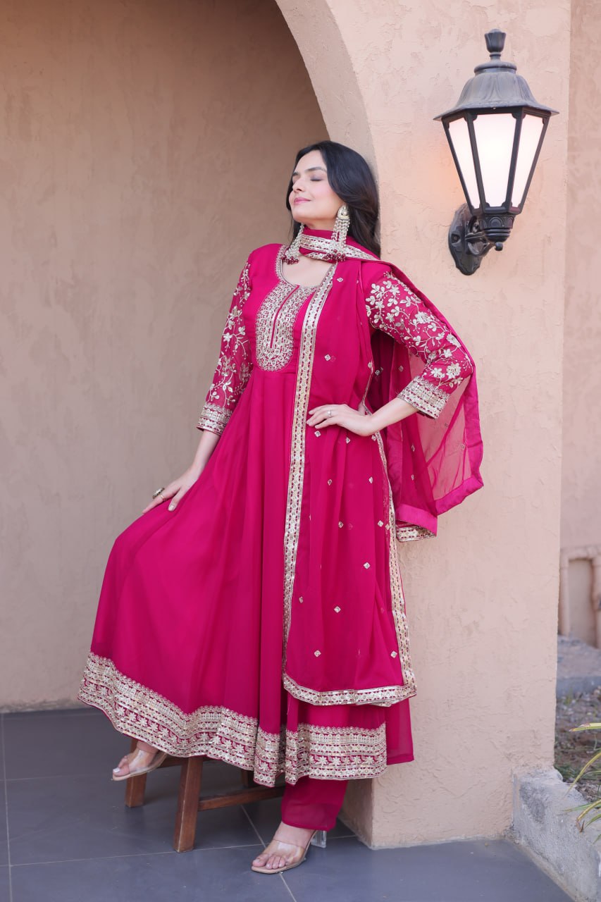 Pink Faux Blooming Embroidered Gown Set with Dupatta