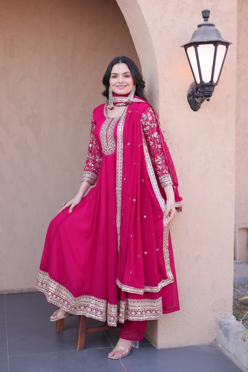 Pink Faux Blooming Embroidered Gown Set with Dupatta