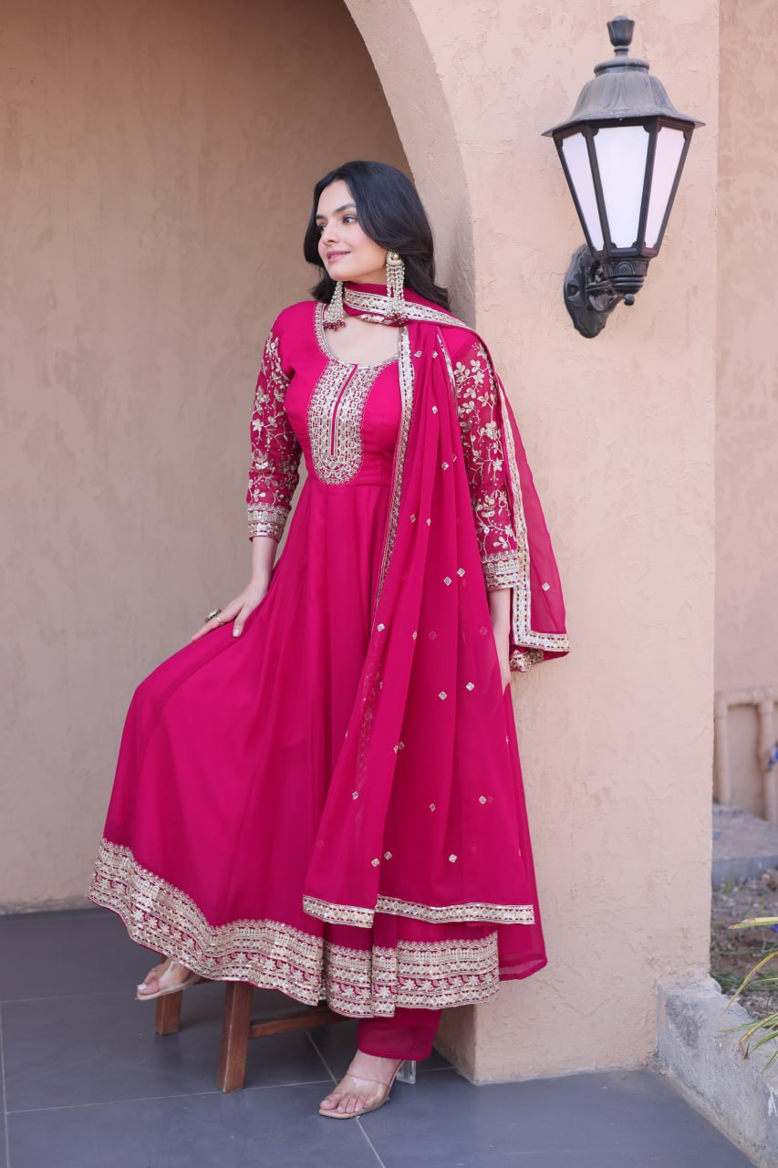 Pink Faux Blooming Embroidered Gown Set with Dupatta