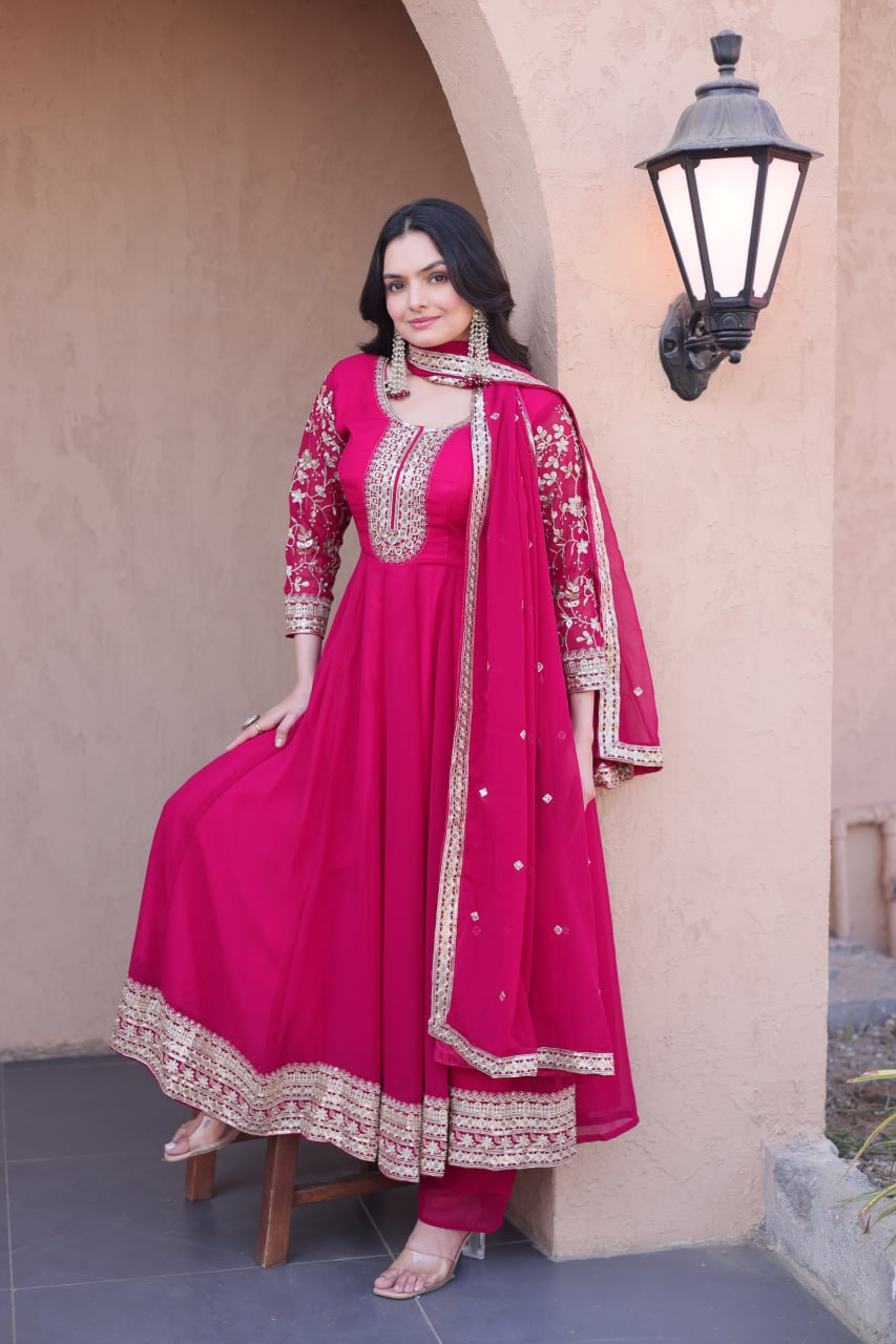 Pink Faux Blooming Embroidered Gown Set with Dupatta