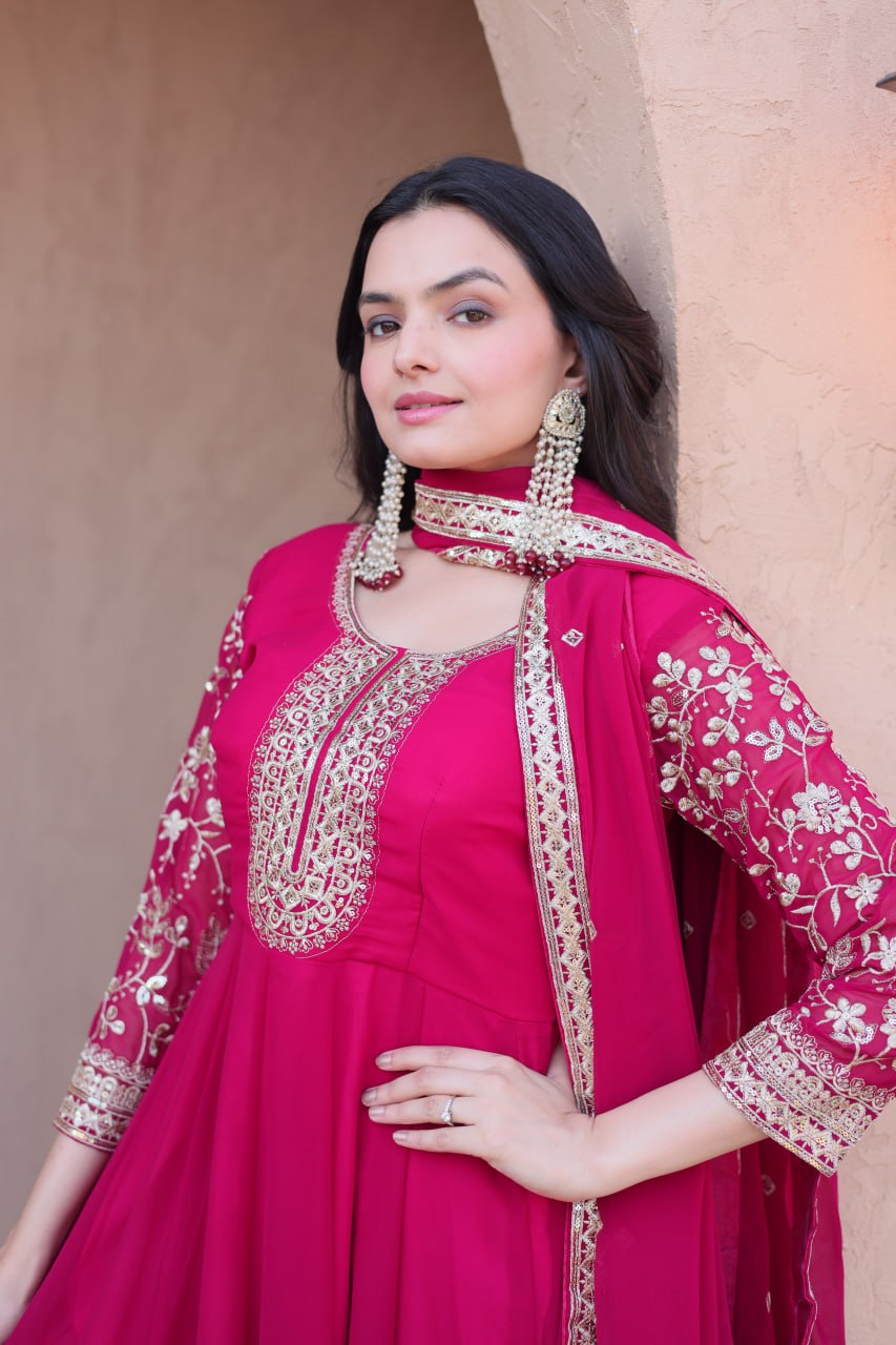 Pink Faux Blooming Embroidered Gown Set with Dupatta