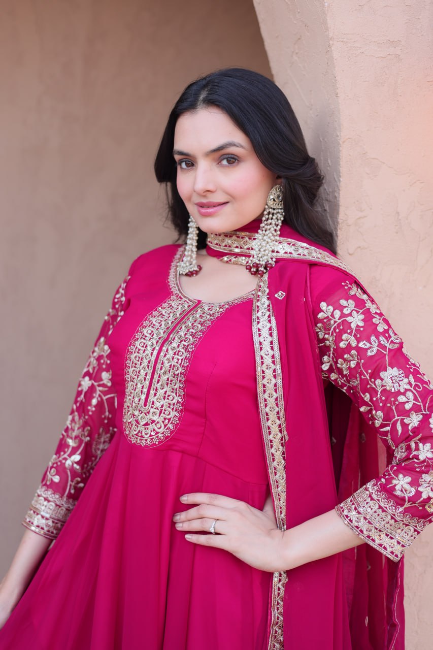 Pink Faux Blooming Embroidered Gown Set with Dupatta