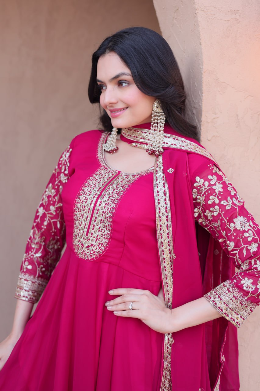 Pink Faux Blooming Embroidered Gown Set with Dupatta