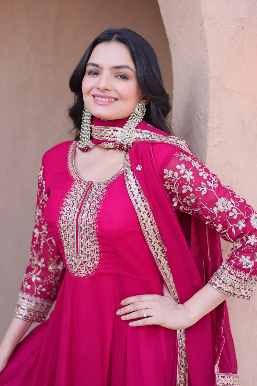 Pink Faux Blooming Embroidered Gown Set with Dupatta