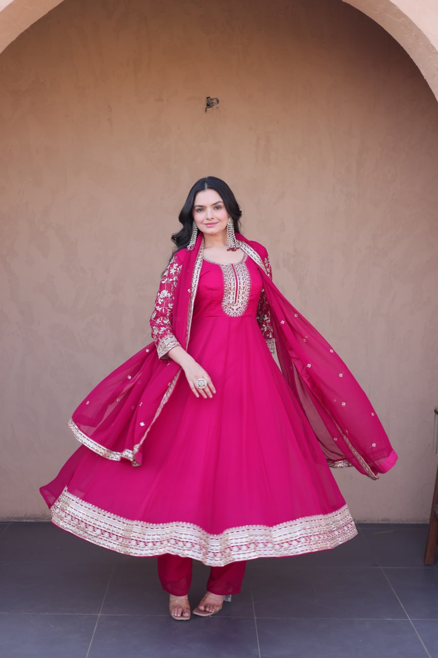Pink Faux Blooming Embroidered Gown Set with Dupatta
