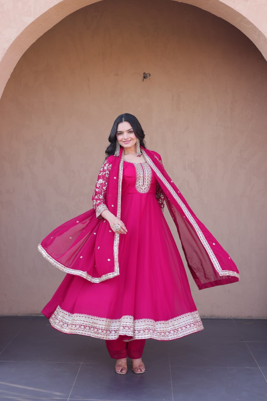 Pink Faux Blooming Embroidered Gown Set with Dupatta