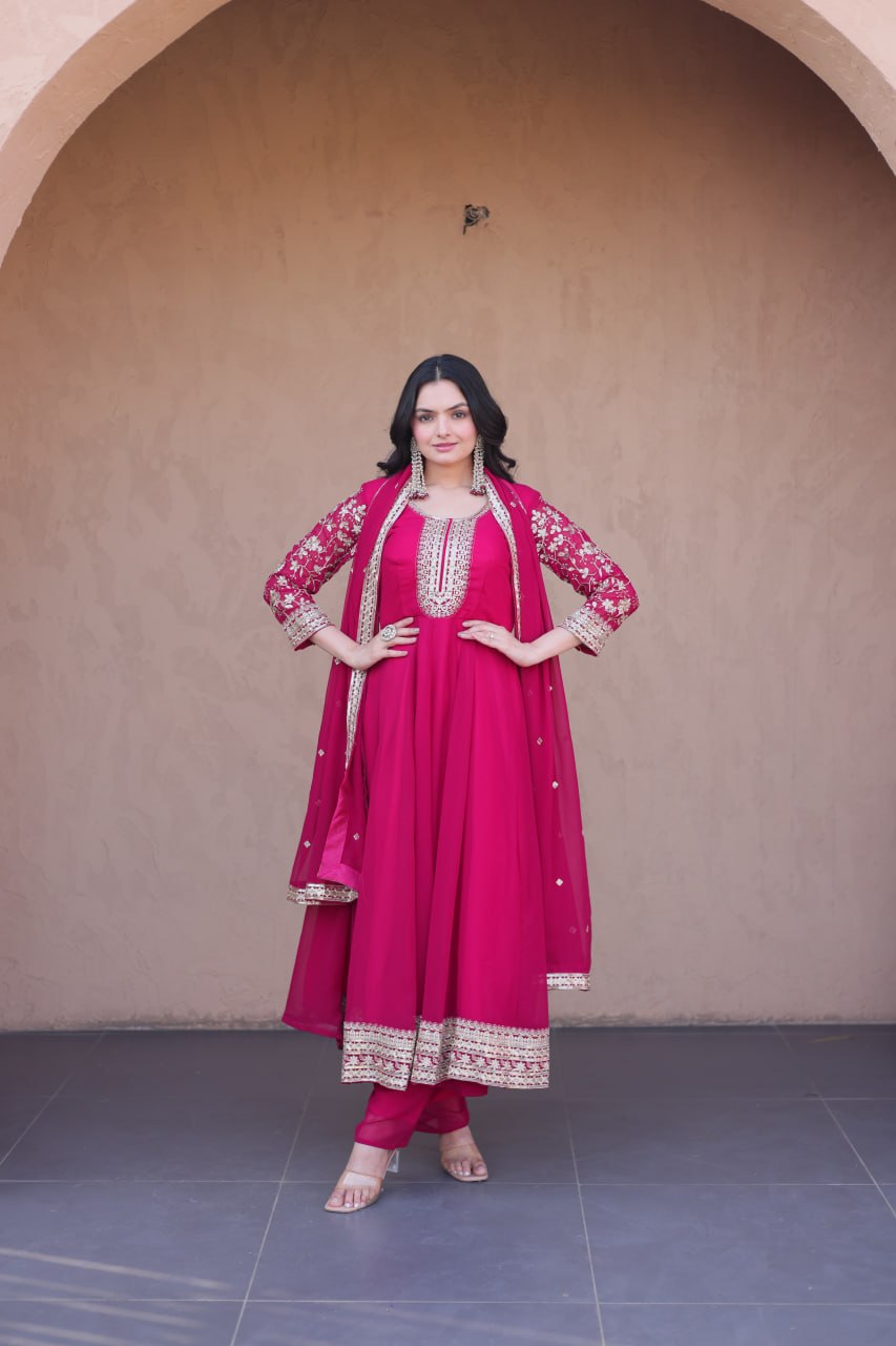 Pink Faux Blooming Embroidered Gown Set with Dupatta