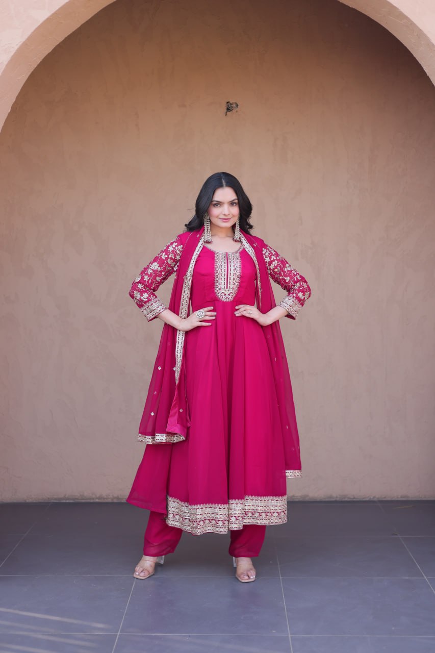 Pink Faux Blooming Embroidered Gown Set with Dupatta