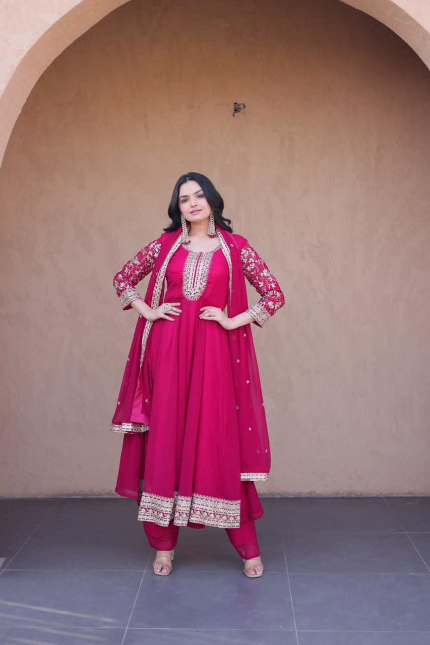 Pink Faux Blooming Embroidered Gown Set with Dupatta