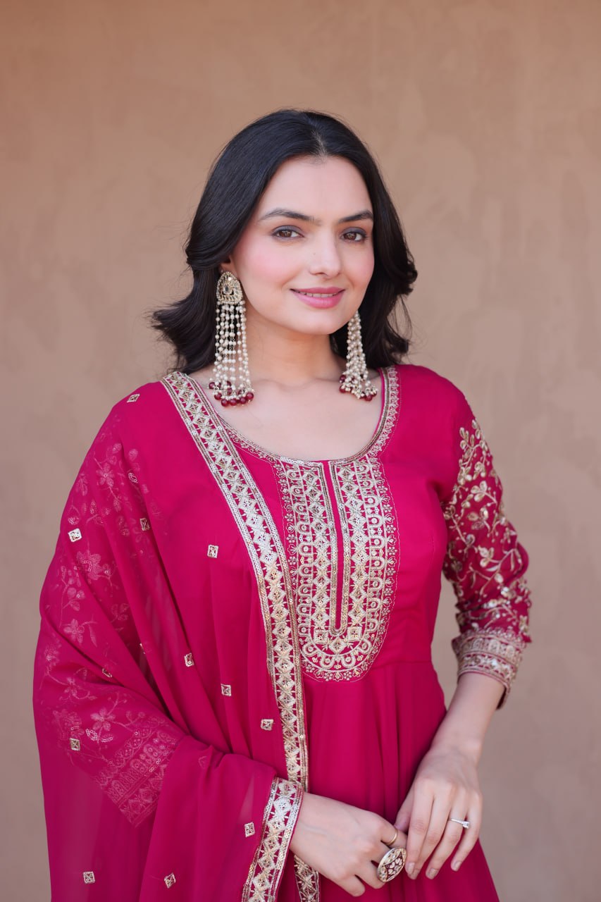Pink Faux Blooming Embroidered Gown Set with Dupatta