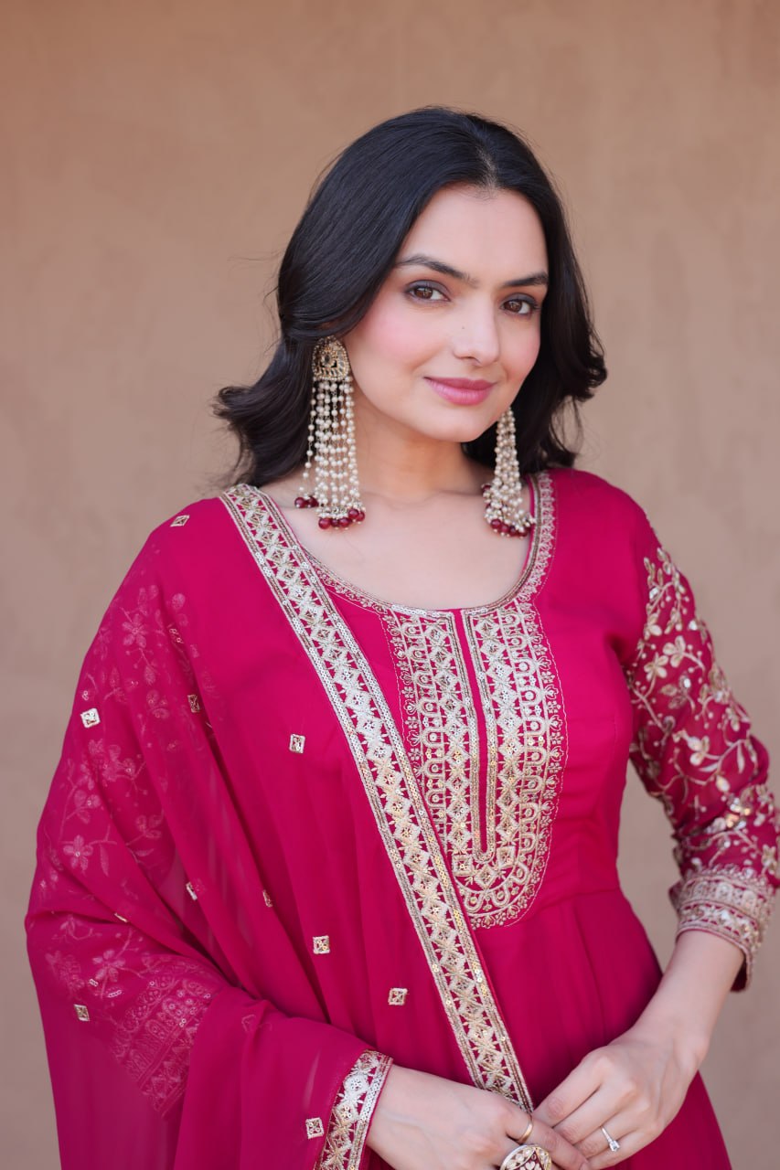 Pink Faux Blooming Embroidered Gown Set with Dupatta