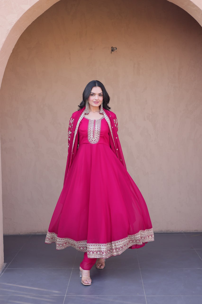 Pink Faux Blooming Embroidered Gown Set with Dupatta