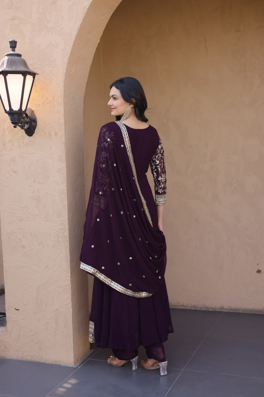 Wine Faux Blooming Embroidered Gown Set with Dupatta