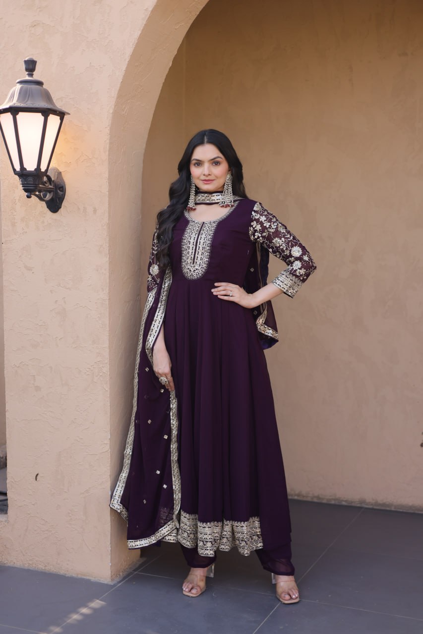Wine Faux Blooming Embroidered Gown Set with Dupatta
