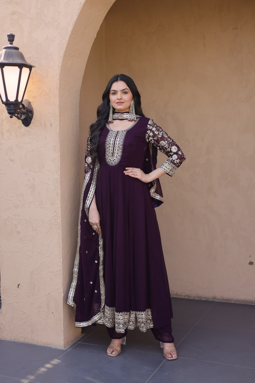 Wine Faux Blooming Embroidered Gown Set with Dupatta