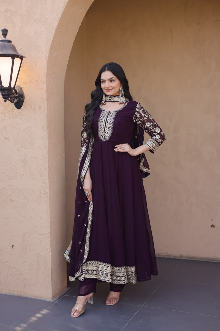 Wine Faux Blooming Embroidered Gown Set with Dupatta