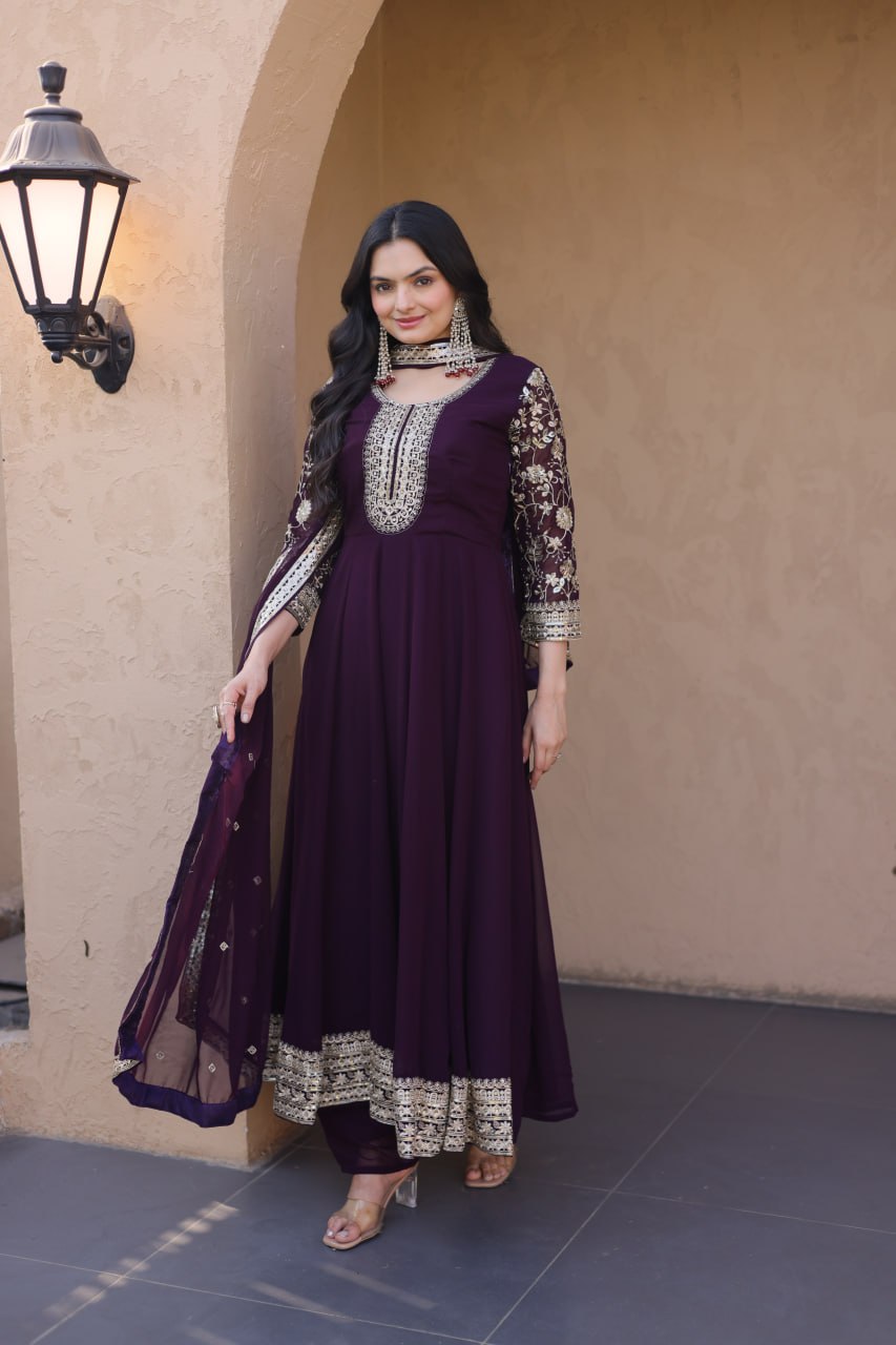 Wine Faux Blooming Embroidered Gown Set with Dupatta
