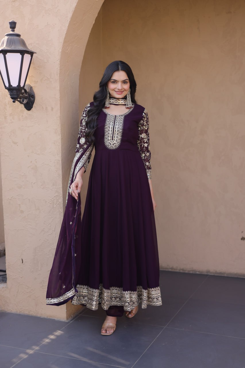 Wine Faux Blooming Embroidered Gown Set with Dupatta