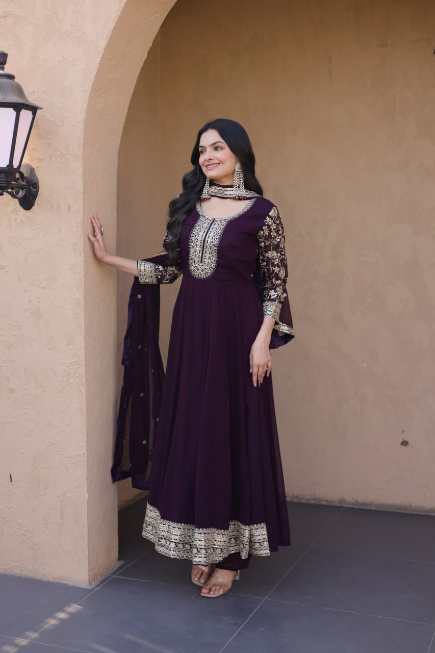 Wine Faux Blooming Embroidered Gown Set with Dupatta