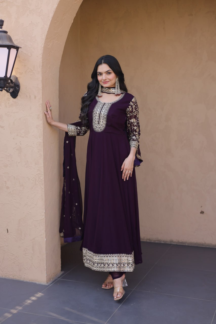 Wine Faux Blooming Embroidered Gown Set with Dupatta