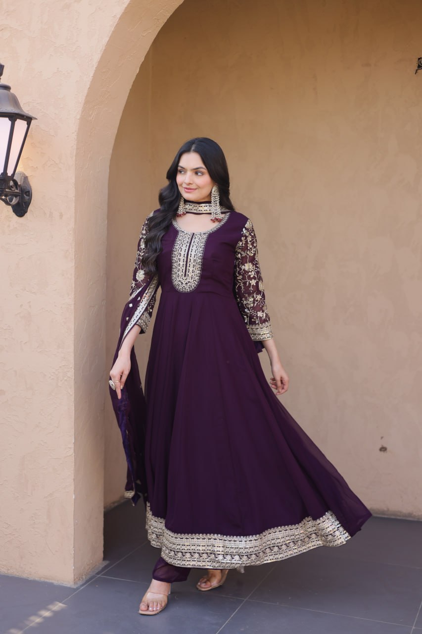 Wine Faux Blooming Embroidered Gown Set with Dupatta