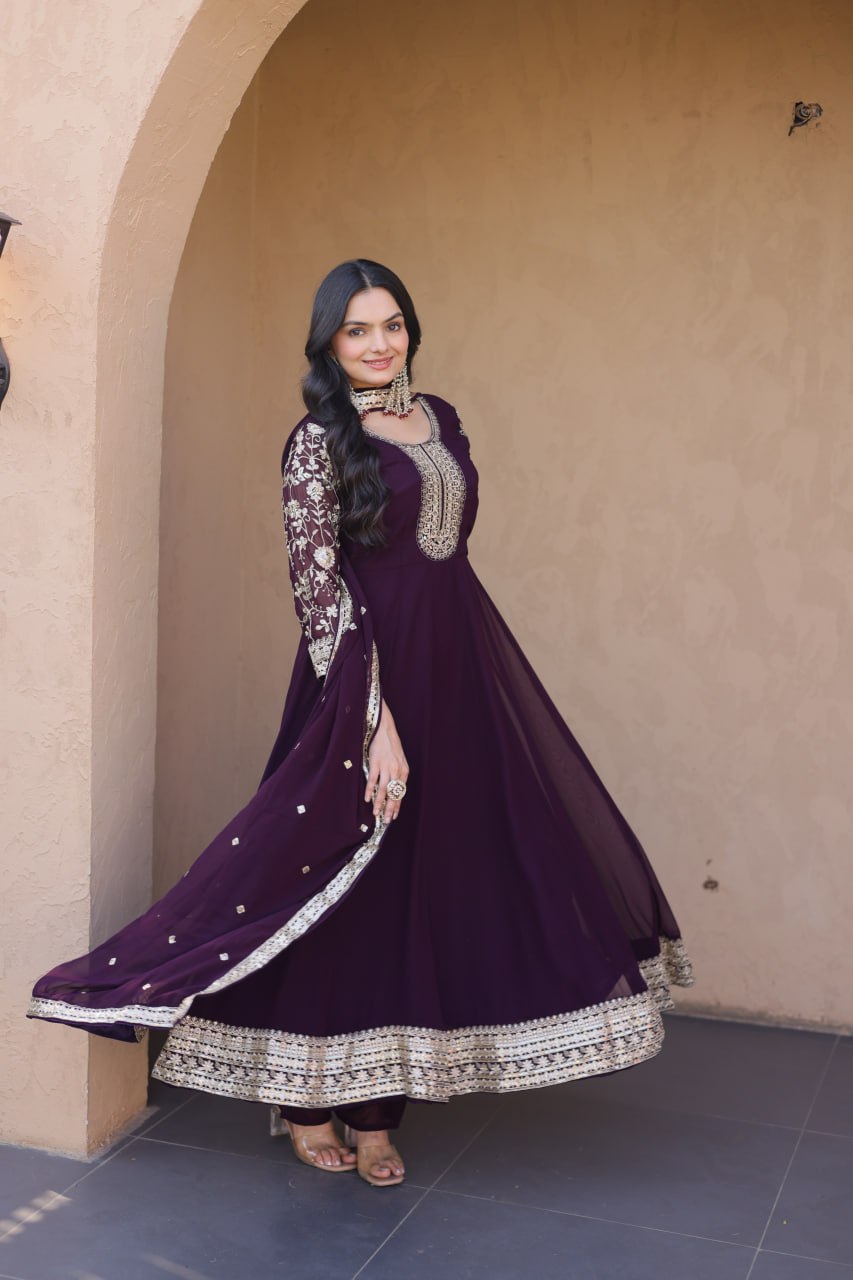Wine Faux Blooming Embroidered Gown Set with Dupatta