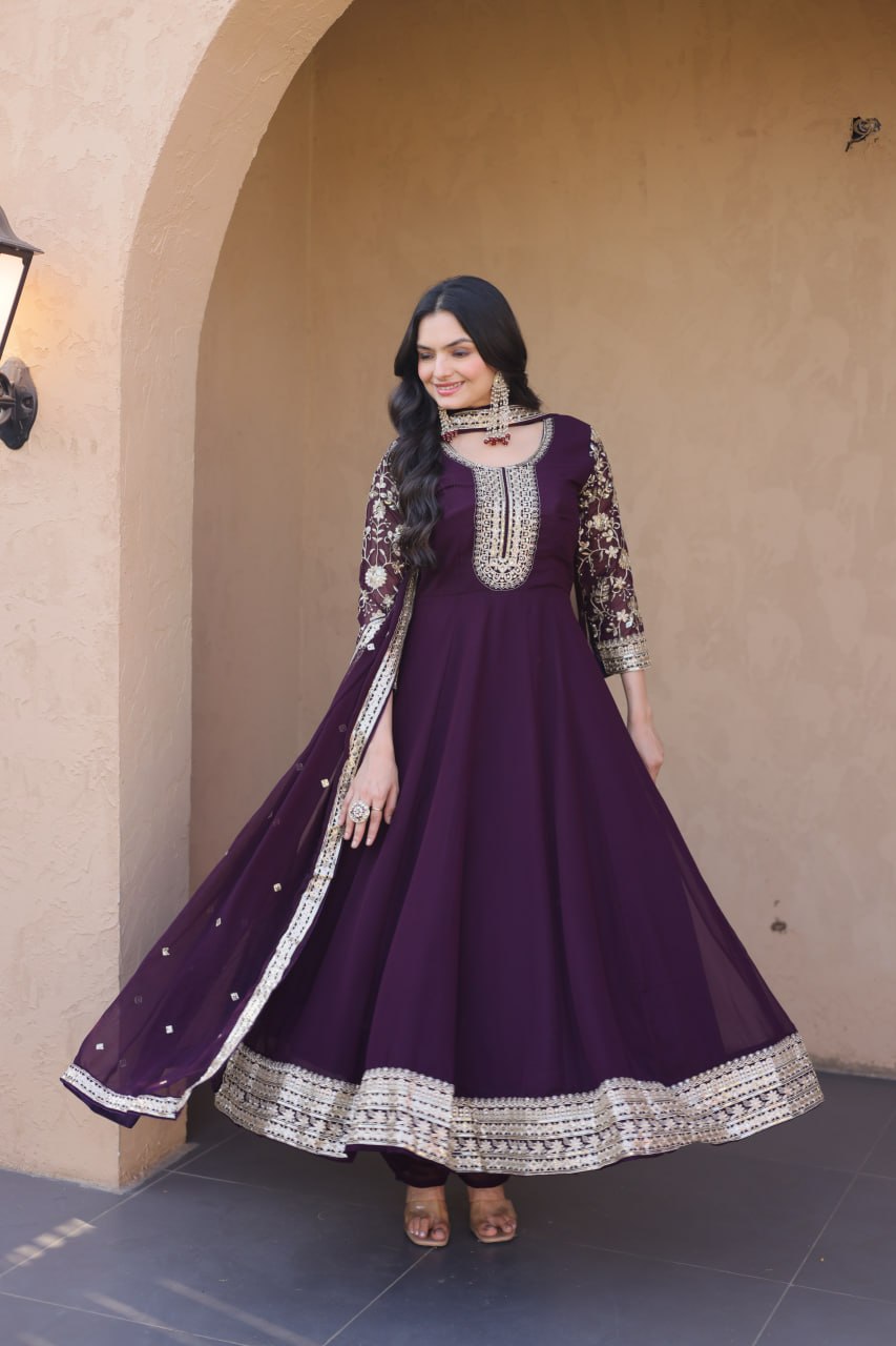 Wine Faux Blooming Embroidered Gown Set with Dupatta