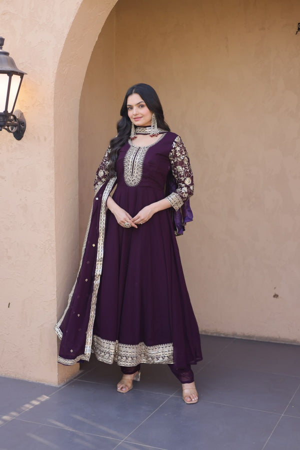 Wine Faux Blooming Embroidered Gown Set with Dupatta