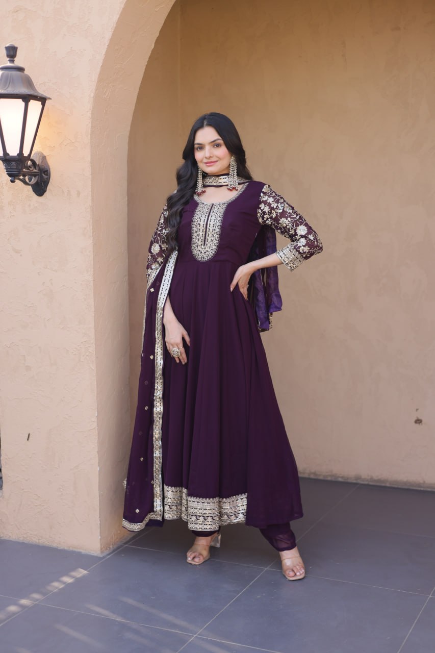 Wine Faux Blooming Embroidered Gown Set with Dupatta