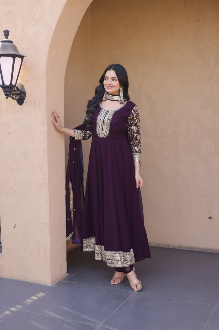 Wine Faux Blooming Embroidered Gown Set with Dupatta