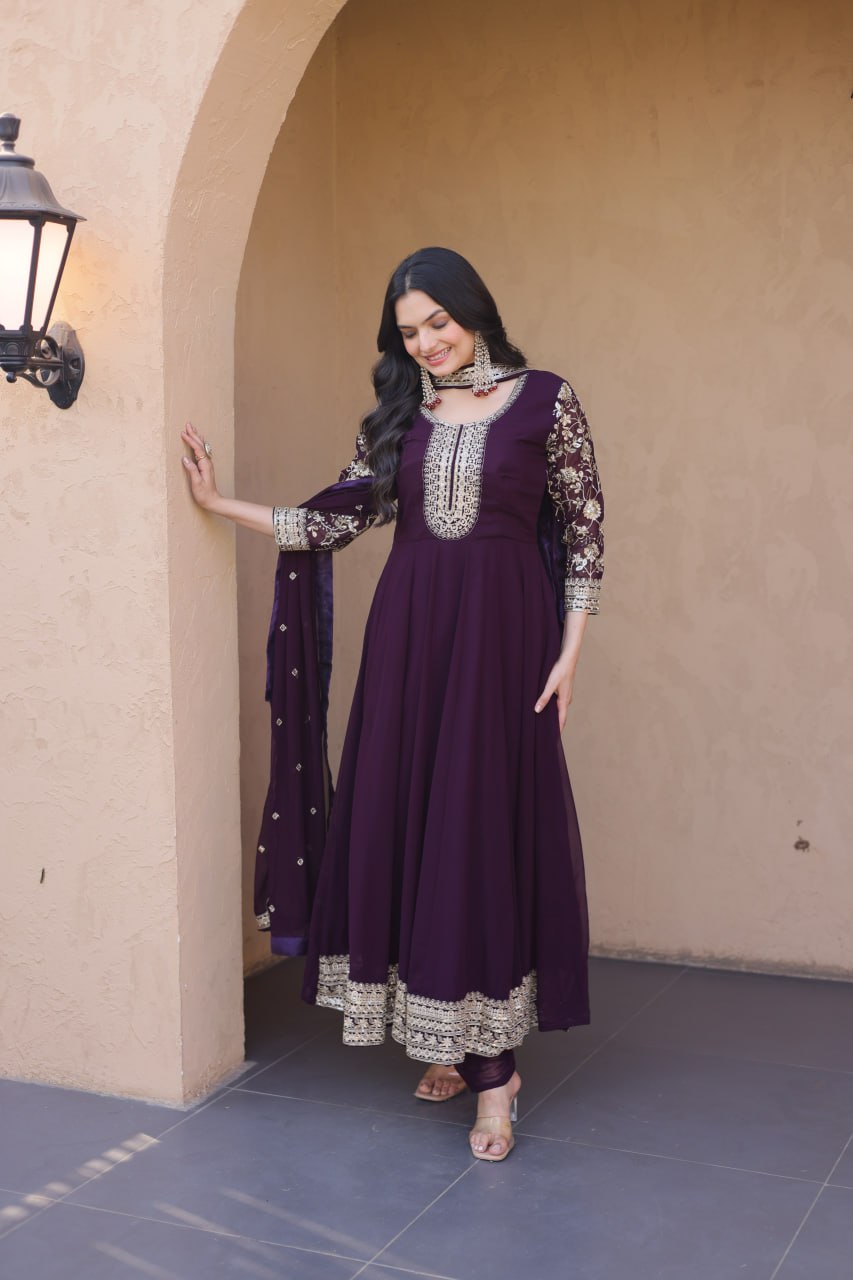 Wine Faux Blooming Embroidered Gown Set with Dupatta