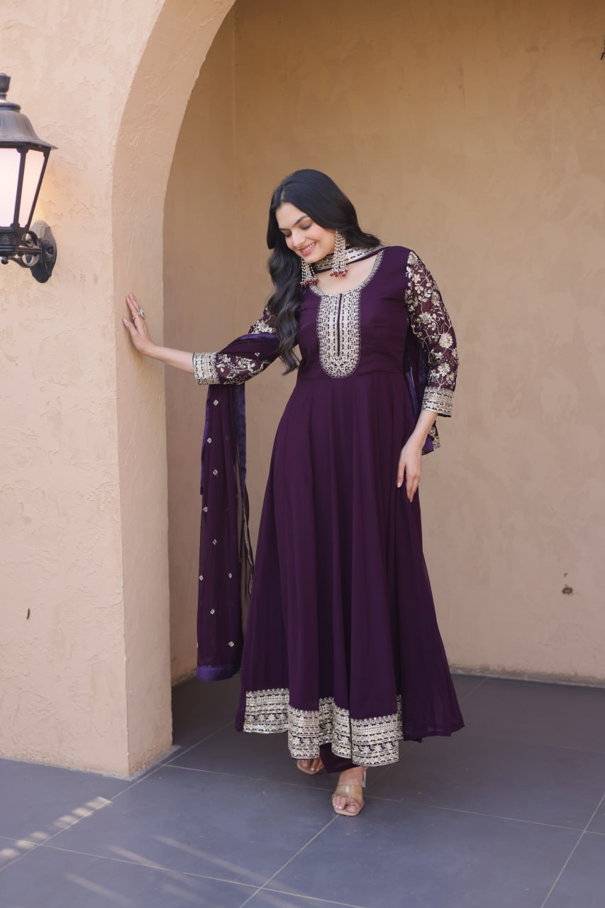 Wine Faux Blooming Embroidered Gown Set with Dupatta