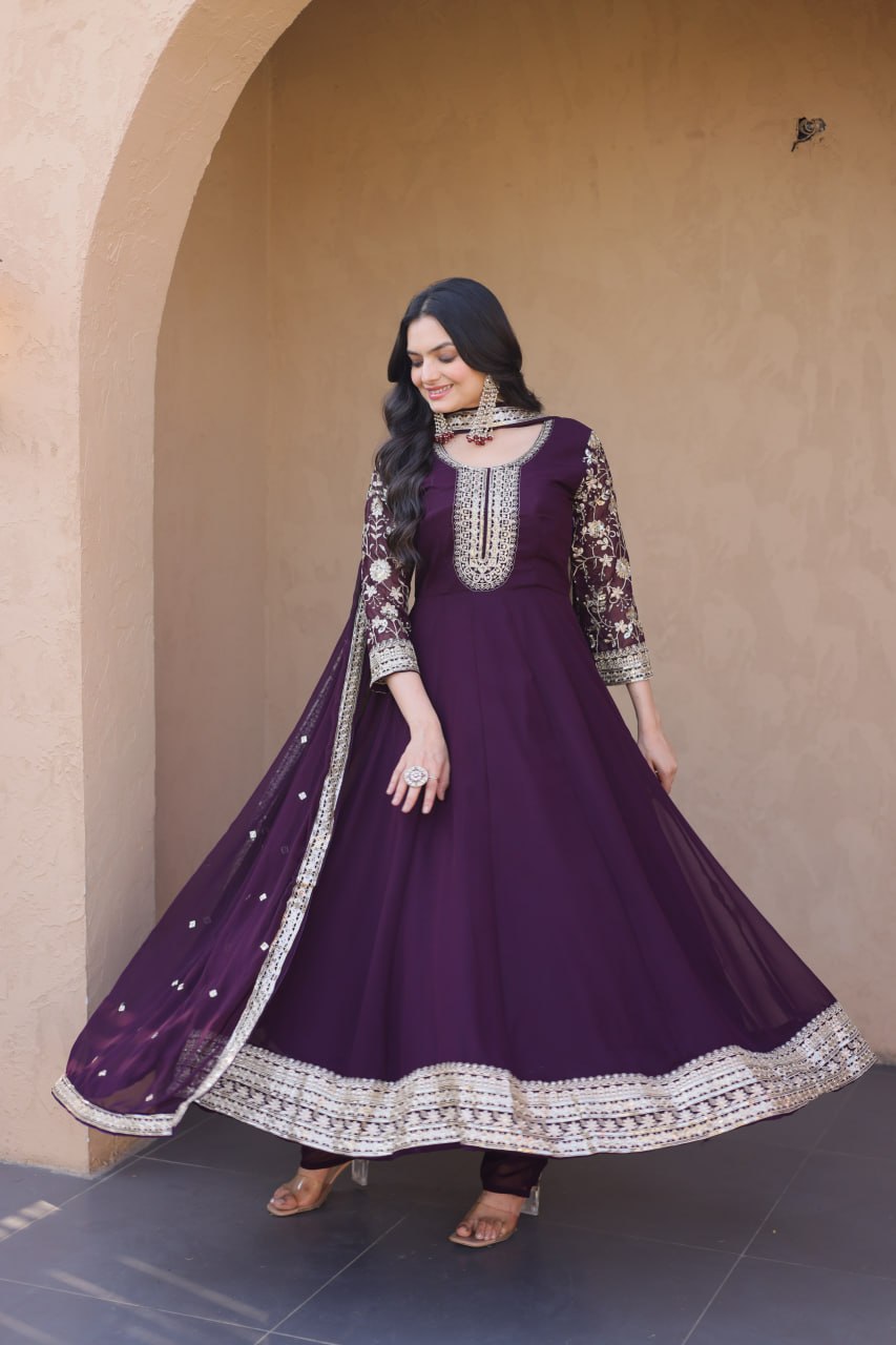 Wine Faux Blooming Embroidered Gown Set with Dupatta