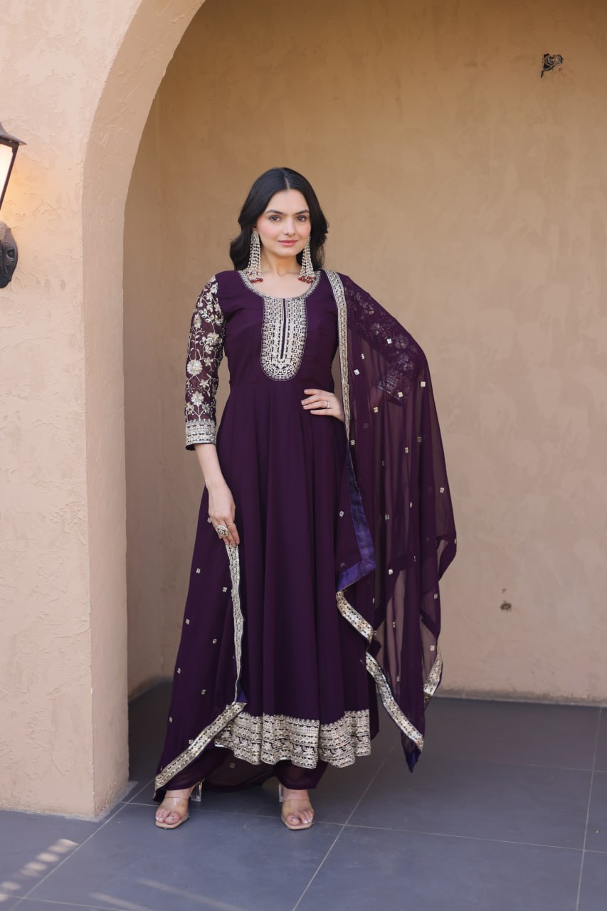 Wine Faux Blooming Embroidered Gown Set with Dupatta