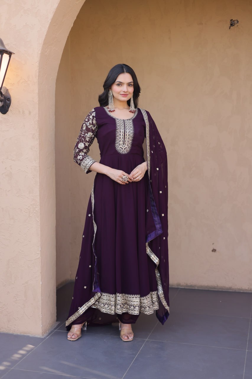 Wine Faux Blooming Embroidered Gown Set with Dupatta