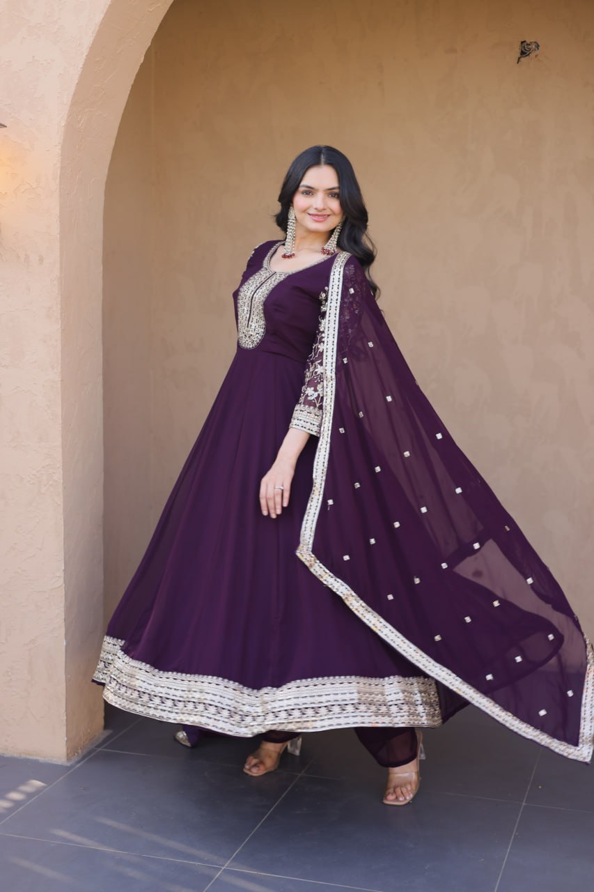 Wine Faux Blooming Embroidered Gown Set with Dupatta
