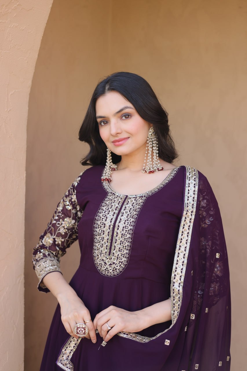 Wine Faux Blooming Embroidered Gown Set with Dupatta