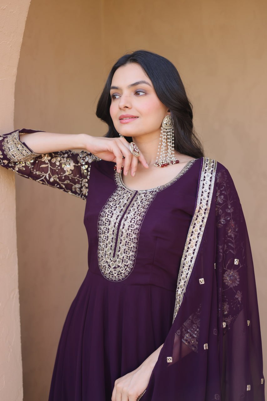 Wine Faux Blooming Embroidered Gown Set with Dupatta