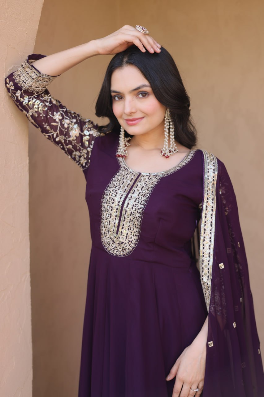 Wine Faux Blooming Embroidered Gown Set with Dupatta