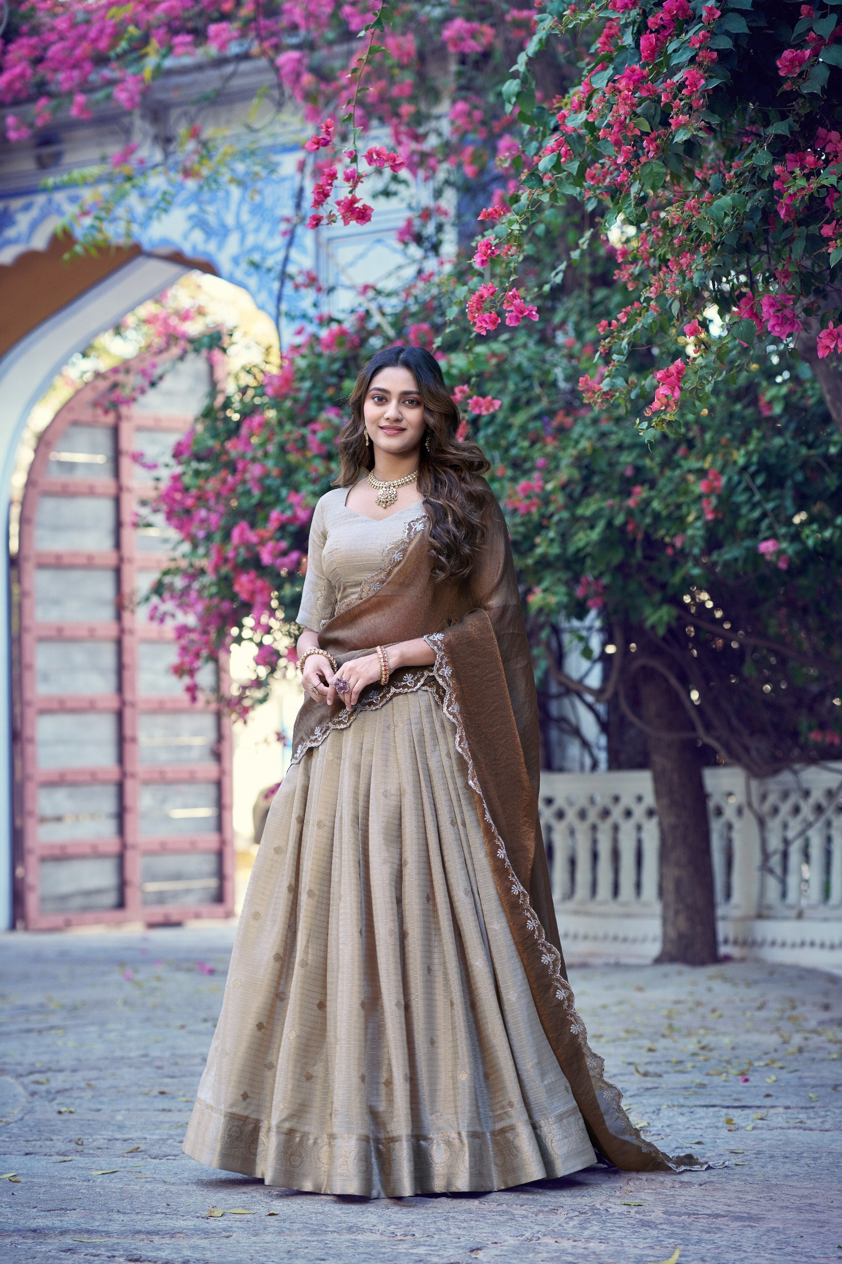 Beige Chinon Checks Langa Davani Set with Emerald Dupatta