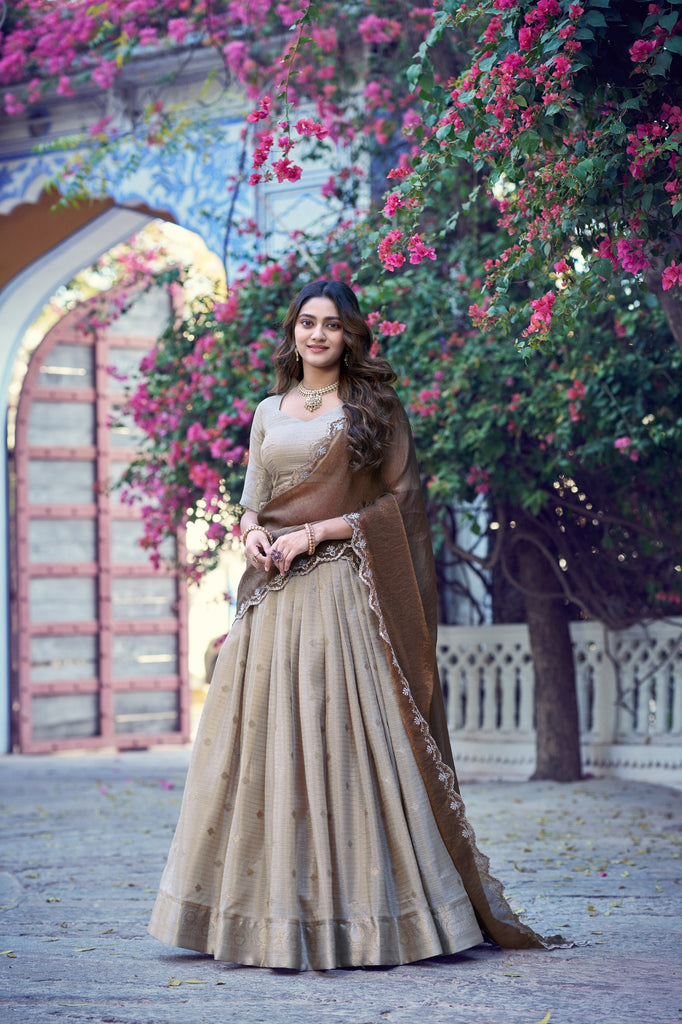 Beige Chinon Checks Langa Davani Set with Emerald Dupatta