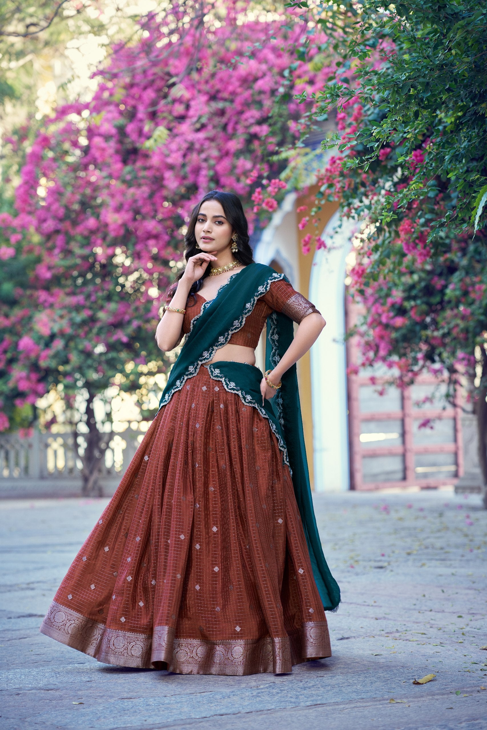 Rust Brown Chinon Checks Langa Davani Set with Emerald Dupatta