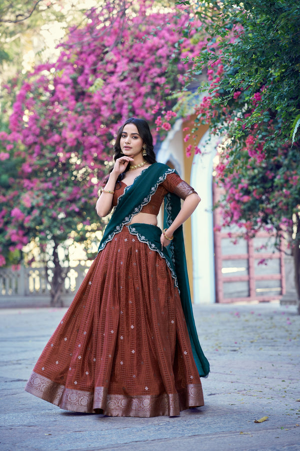Rust Brown Chinon Checks Langa Davani Set with Emerald Dupatta
