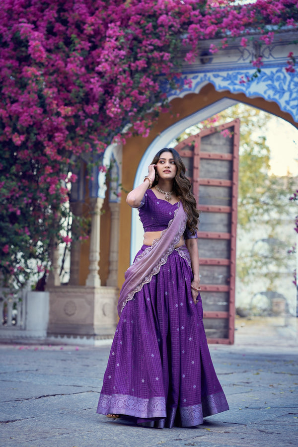 Dark Purple Chinon Checks Langa Davani Set with Emerald Dupatta