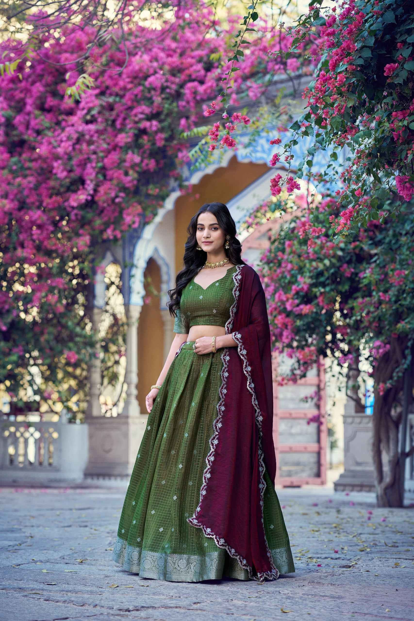 Mehndi Chinon Checks Langa Davani Set with Emerald Dupatta