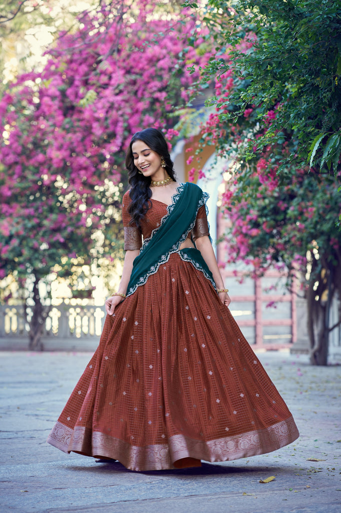 Rust Brown Chinon Checks Langa Davani Set with Emerald Dupatta