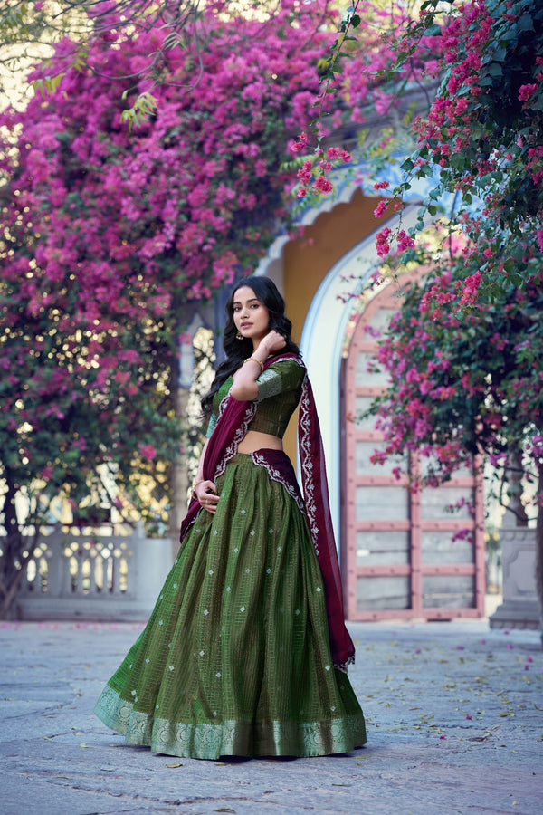 Mehndi Chinon Checks Langa Davani Set with Emerald Dupatta