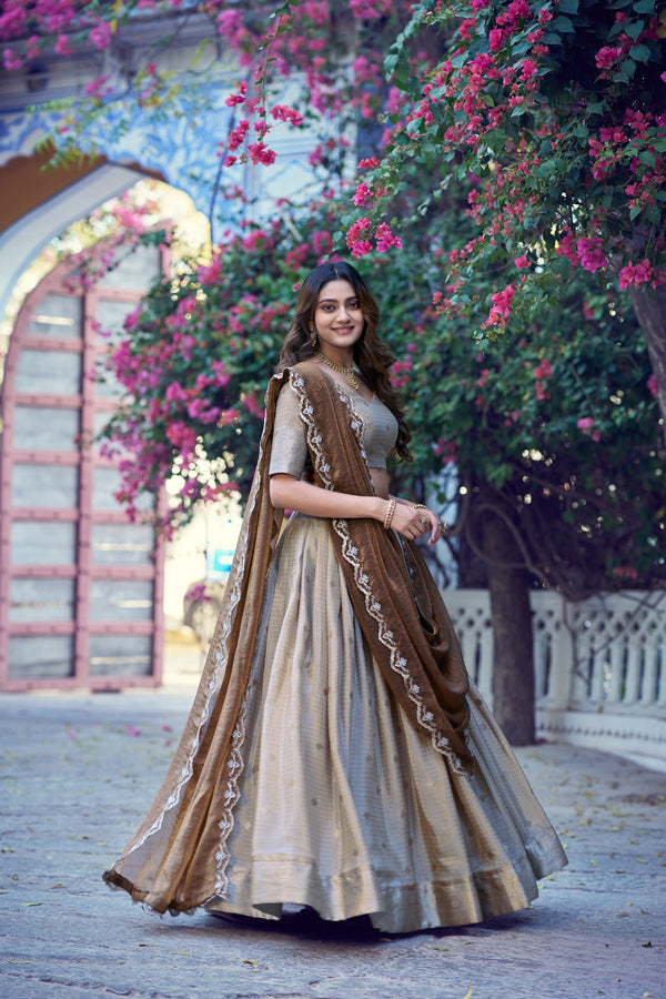 Beige Chinon Checks Langa Davani Set with Emerald Dupatta