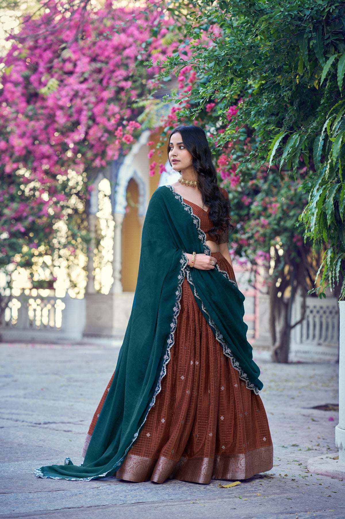 Rust Brown Chinon Checks Langa Davani Set with Emerald Dupatta