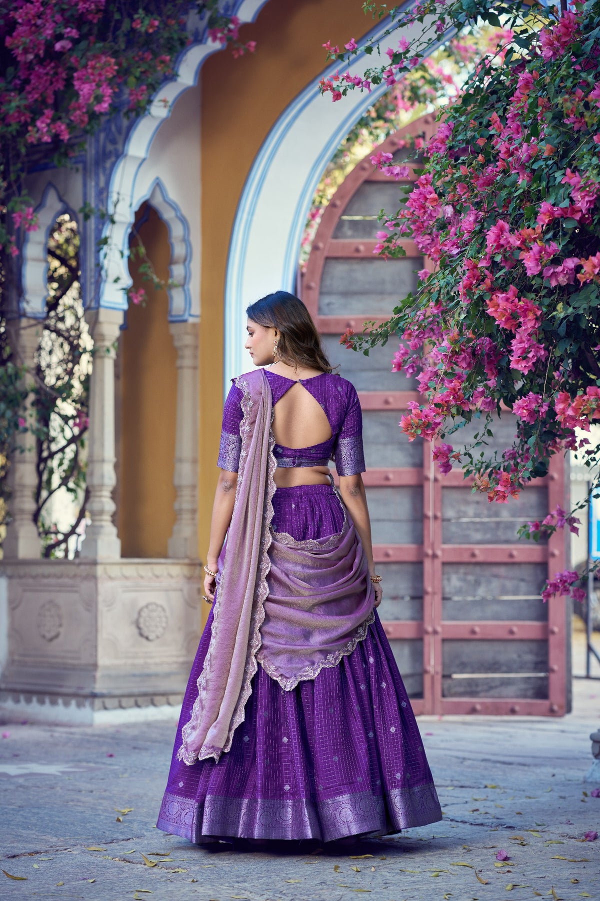Dark Purple Chinon Checks Langa Davani Set with Emerald Dupatta